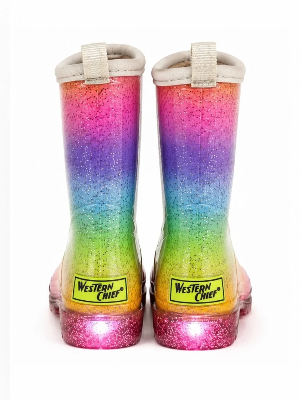 Western Chief Rainbow Sparkle Ombre Glitter Light-Up Fur-Lined Rain Boots Kids 7